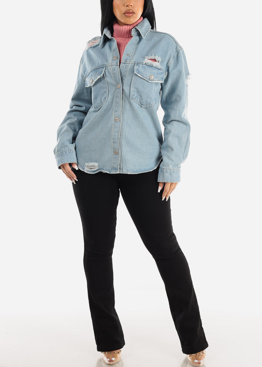 Distressed Snap Button Jean Shacket Light Blue