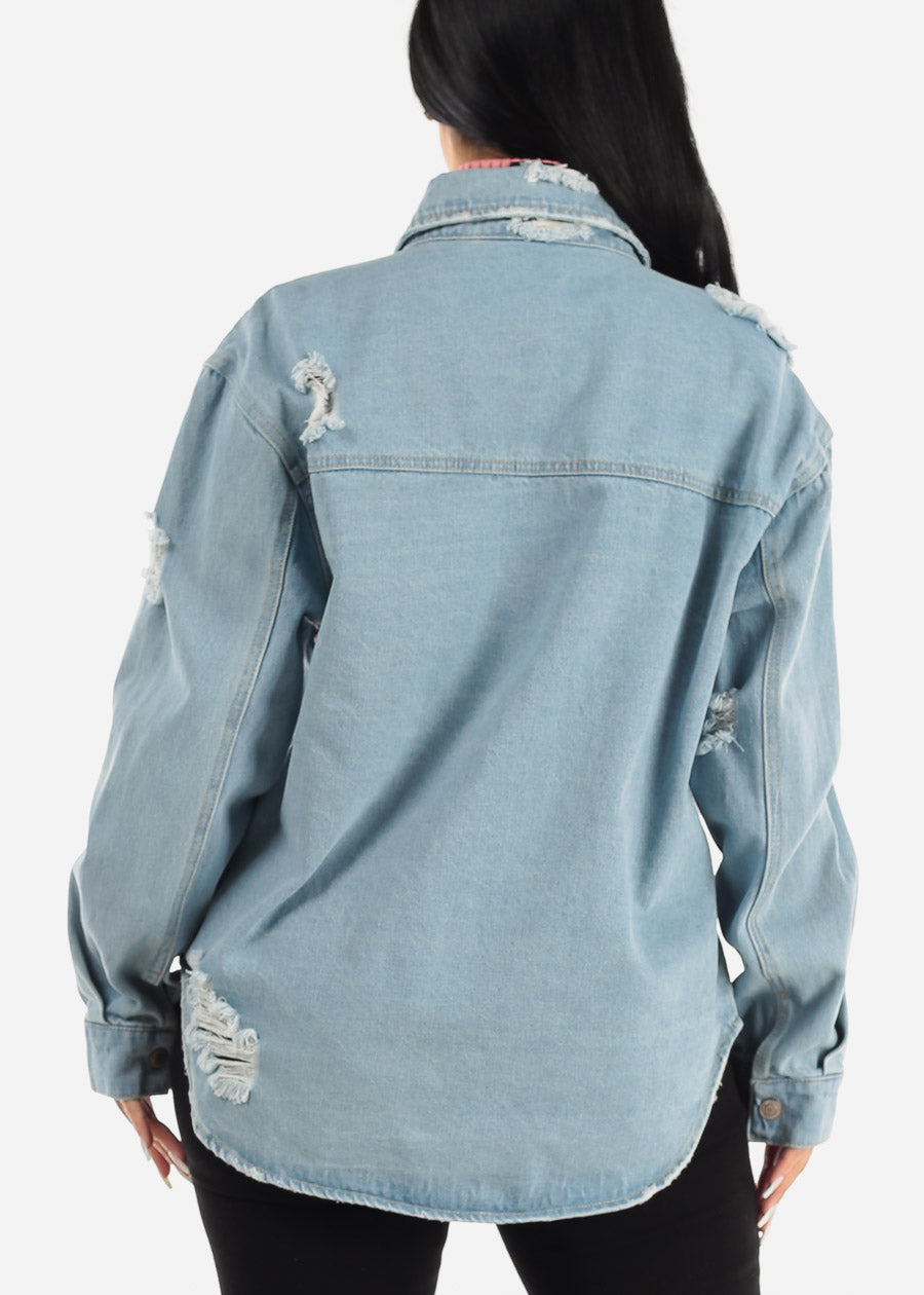 Distressed Snap Button Jean Shacket Light Blue