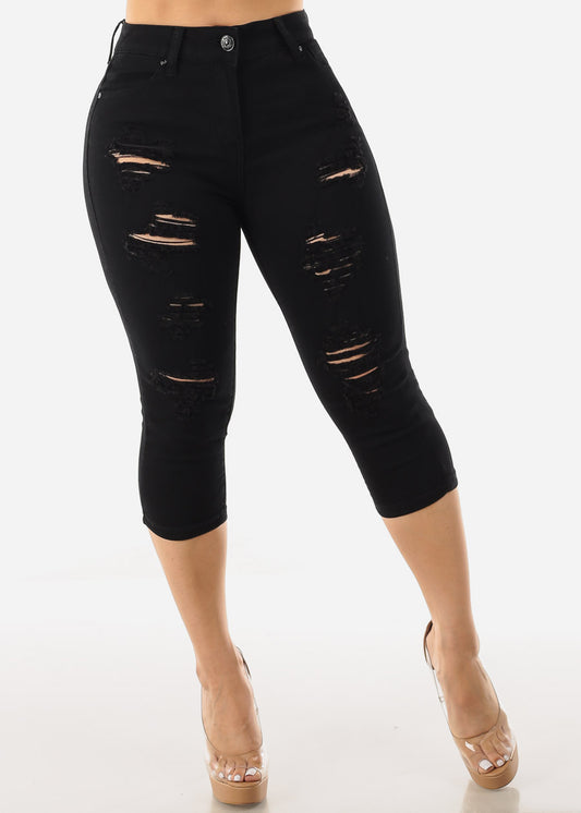 High Waisted Black Ripped Denim Capris