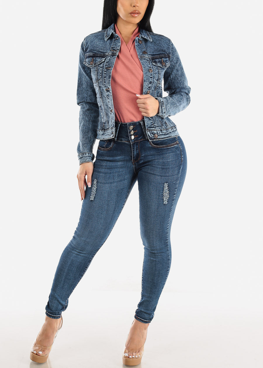 Super High Waist Butt Lift Ripped Skinny Jeans Dark Wash