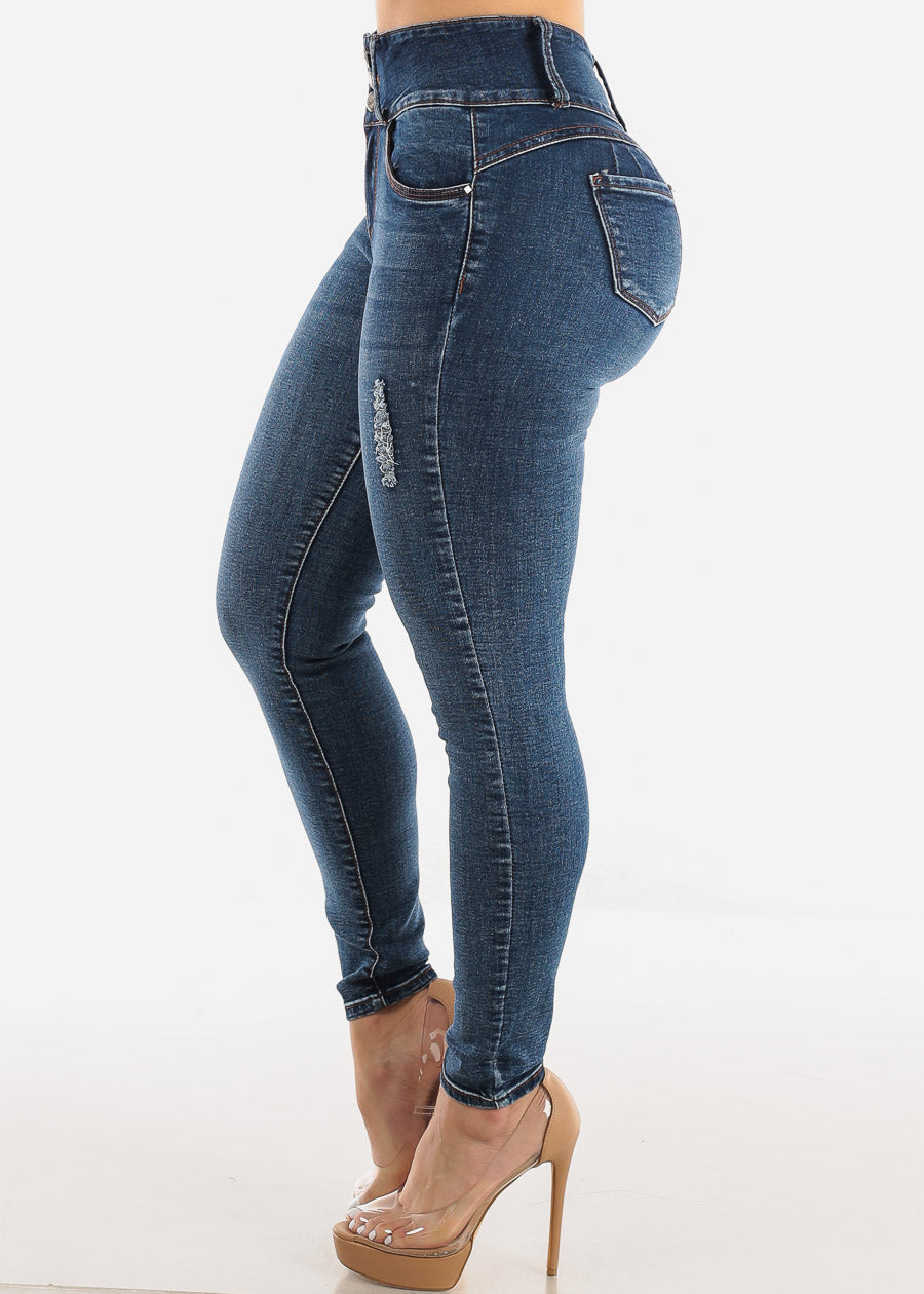 Super High Waist Butt Lift Ripped Skinny Jeans Dark Wash