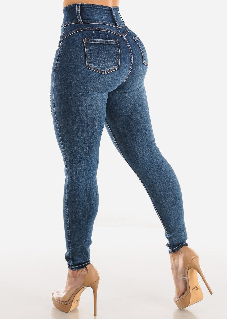 Super High Waist Butt Lift Ripped Skinny Jeans Dark Wash