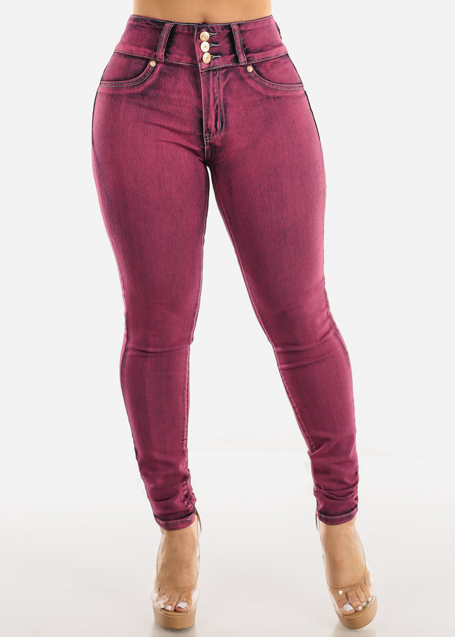 Levantacola Acid Wash Butt Lifting Skinny Jeans Burgundy