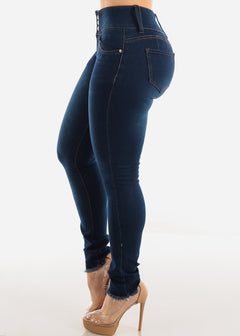 High Waist Dark Blue Butt Lifting Skinny Jeans w Raw hem