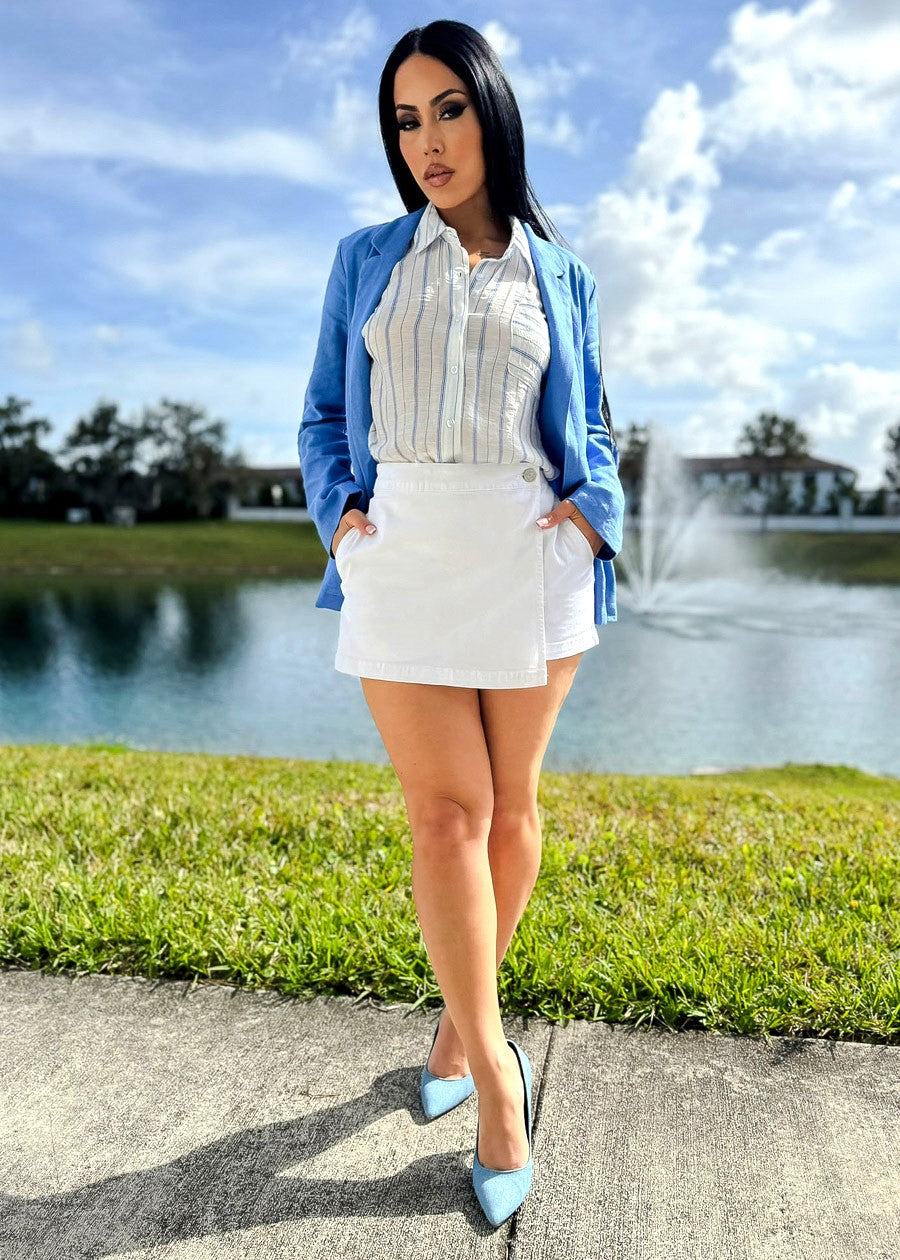 White High Waisted Wrap Front Denim Skort