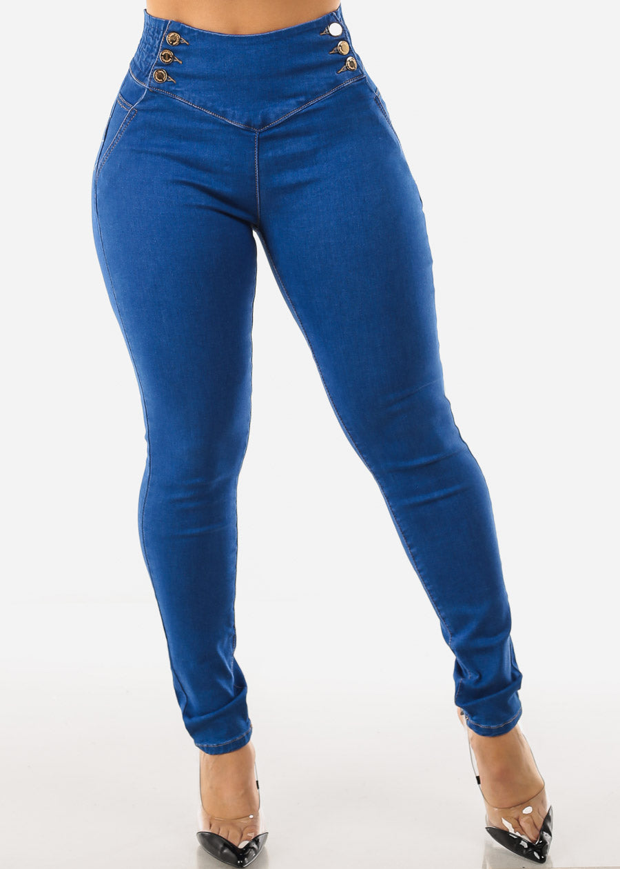 High Spandex Waist Butt Lifting Skinny Jeans Indigo