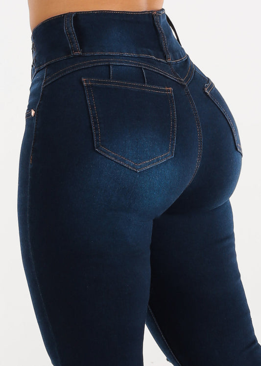 Butt Lifting High Waisted Distressed Dark Skinny Jeans