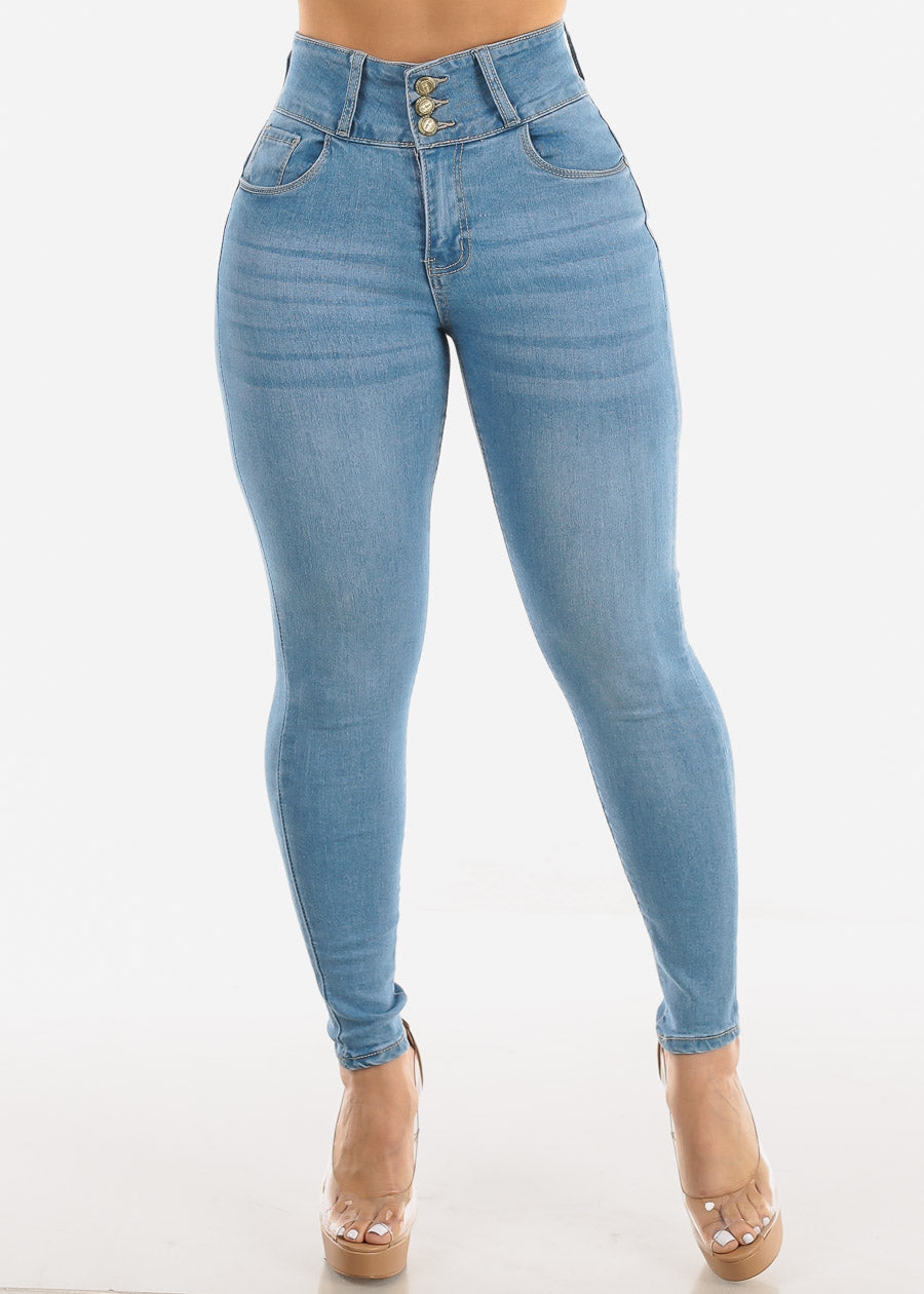 High Waist Butt Lifting Skinny Jeans Light Blue