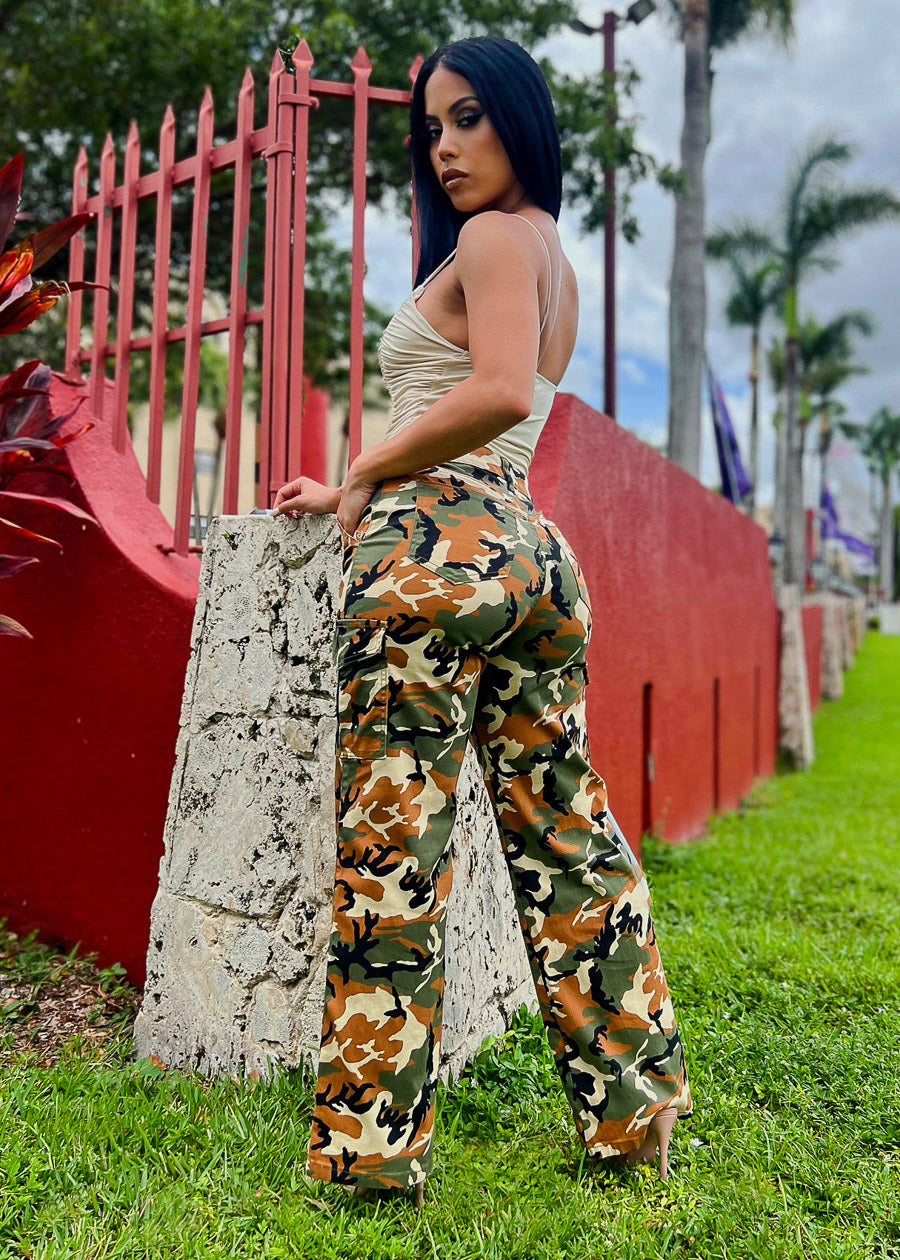 High Waist Straight Wide Leg Camouflage Cargo Pants