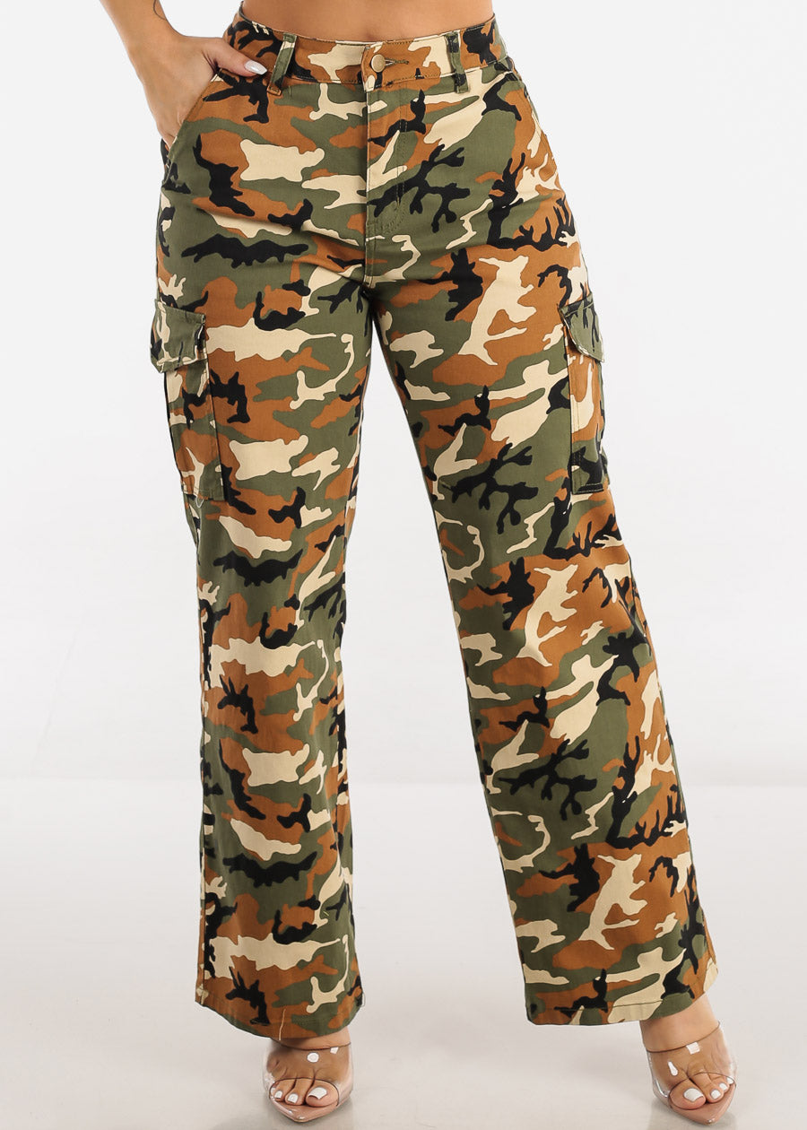 High Waist Straight Wide Leg Camouflage Cargo Pants