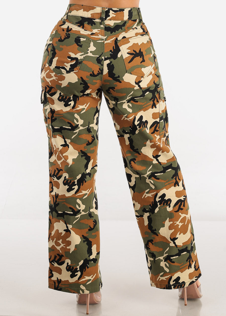 High Waist Straight Wide Leg Camouflage Cargo Pants