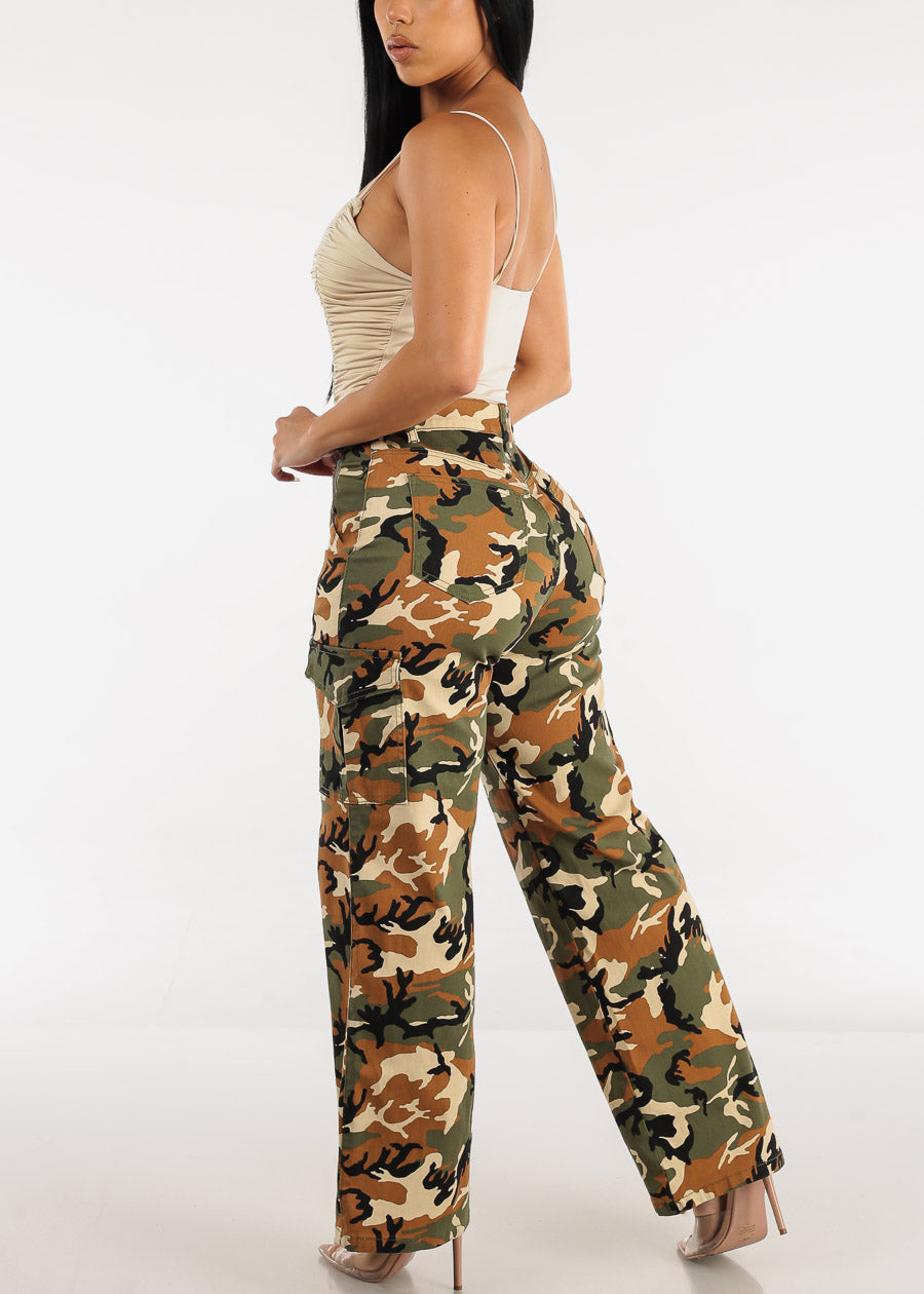 High Waist Straight Wide Leg Camouflage Cargo Pants