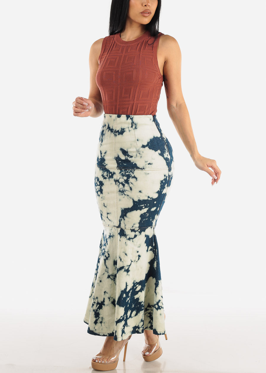 Denim Acid Wash Mermaid Maxi Skirt