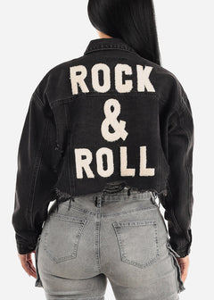 Black Graphic Cropped Denim Jacket "Rock & Roll"