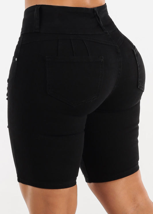 Black Butt Lift Ripped Mid Rise Denim Bermuda Shorts