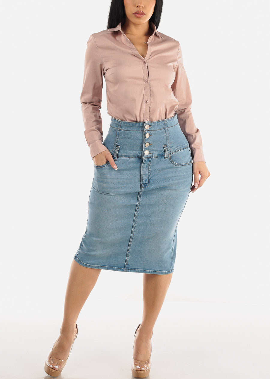 Ultra High Waist Light Denim Pencil Skirt