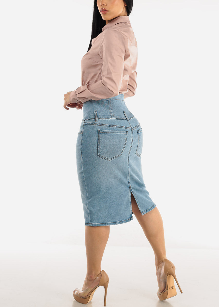 Ultra High Waist Light Denim Pencil Skirt