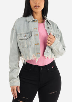 Graphic Cropped Light Denim Jacket "Don't Grow Up"