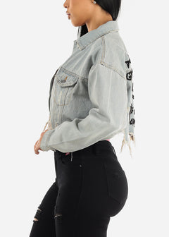 Graphic Cropped Light Denim Jacket "Don't Grow Up"
