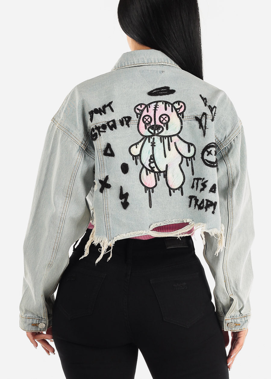 Graphic Cropped Light Denim Jacket "Don't Grow Up"