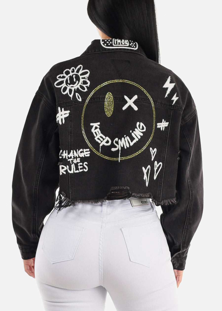 Black Graphic Cropped Denim Jacket "Keep Smiling"