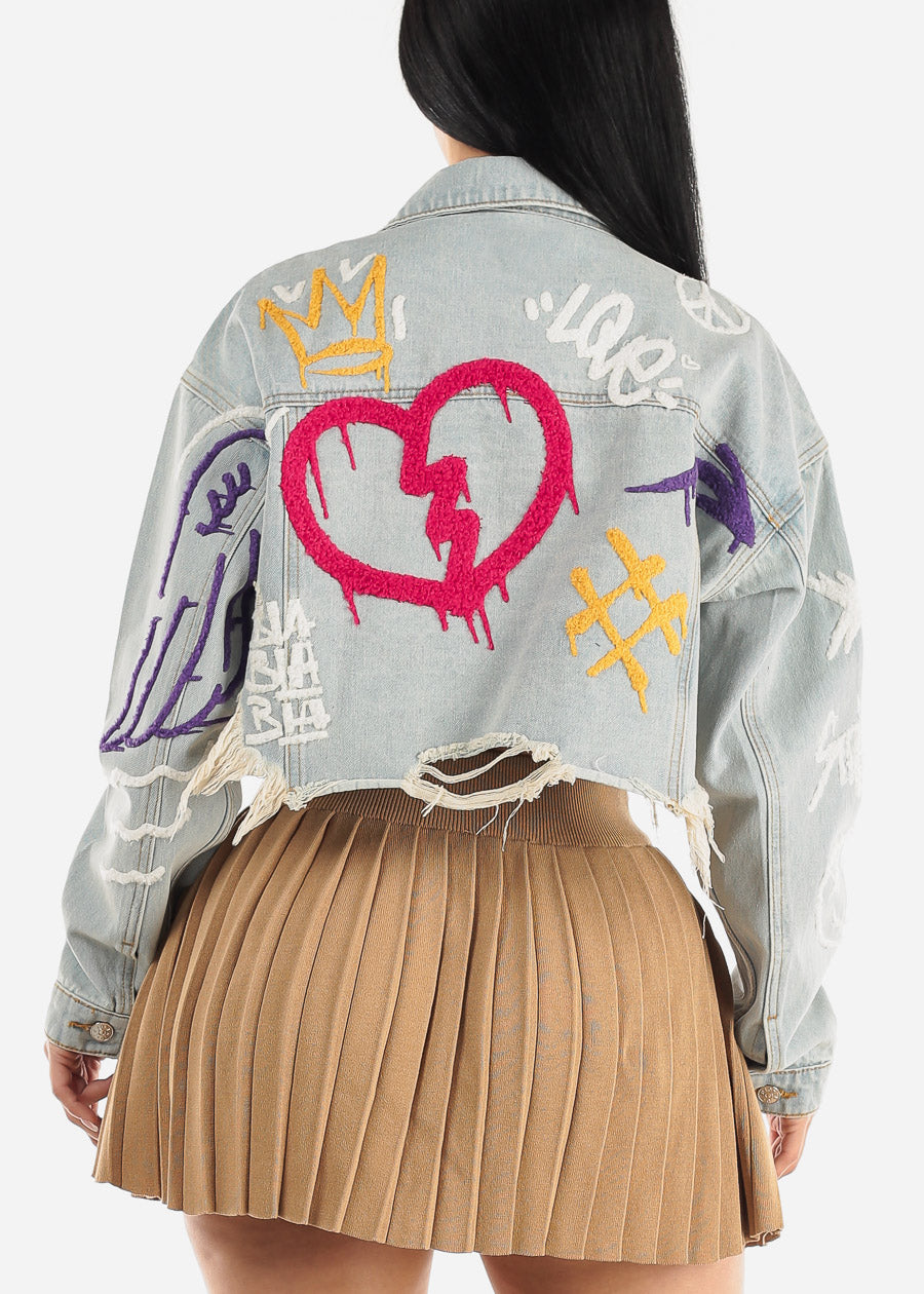 Blue Graphic Cropped Denim Jacket "Love"