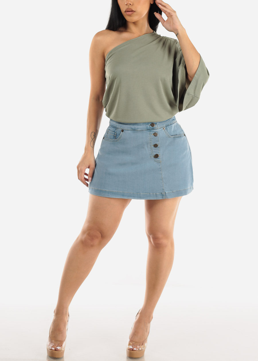 High Waisted Button Front Soft Denim Skort Light Wash