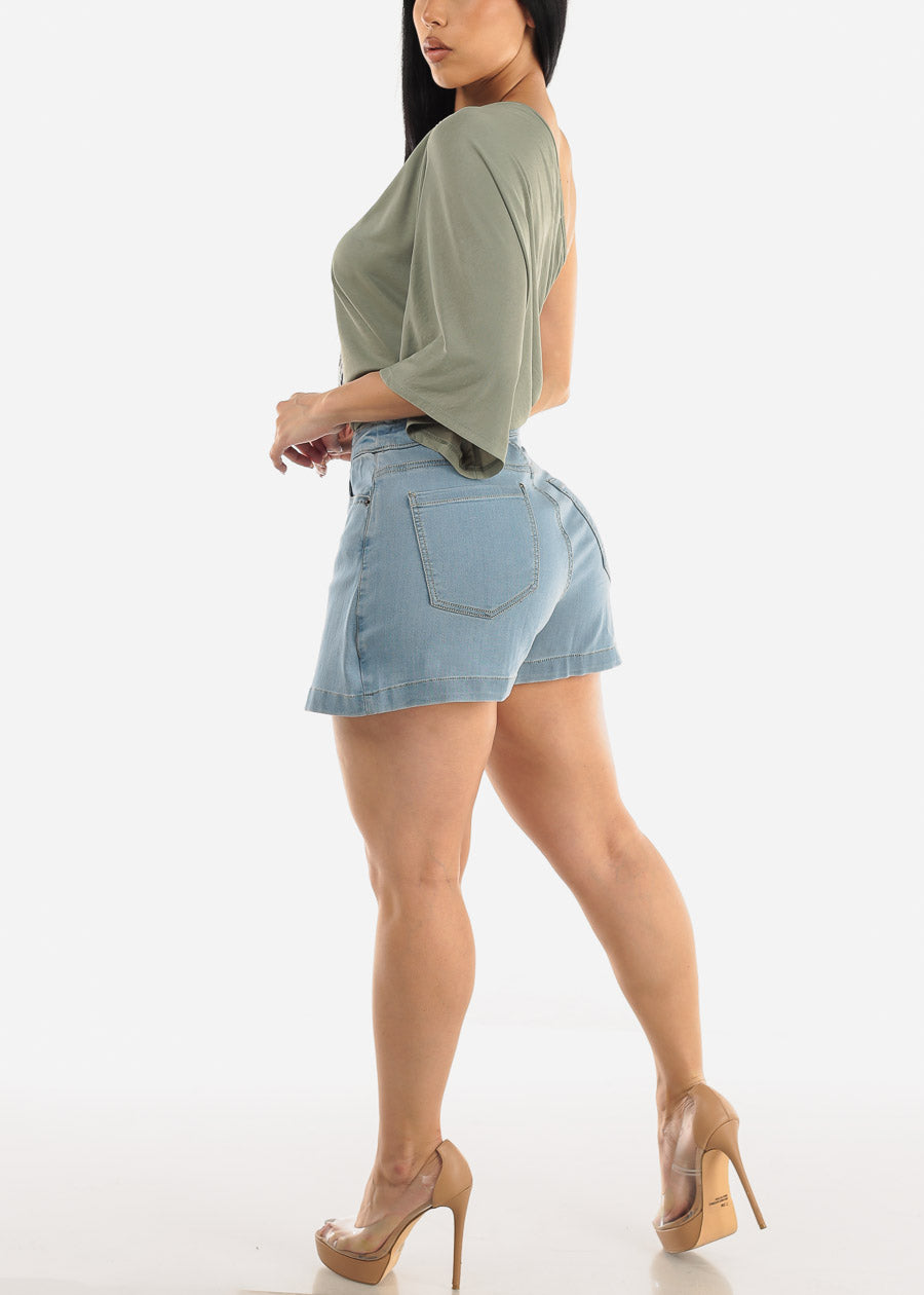 High Waisted Button Front Soft Denim Skort Light Wash