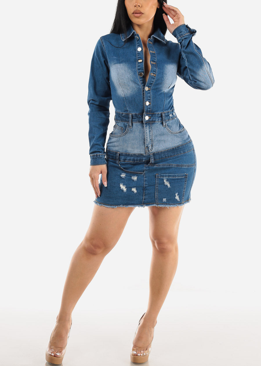 Long Sleeve Button Up Ripped Denim Mini Dress