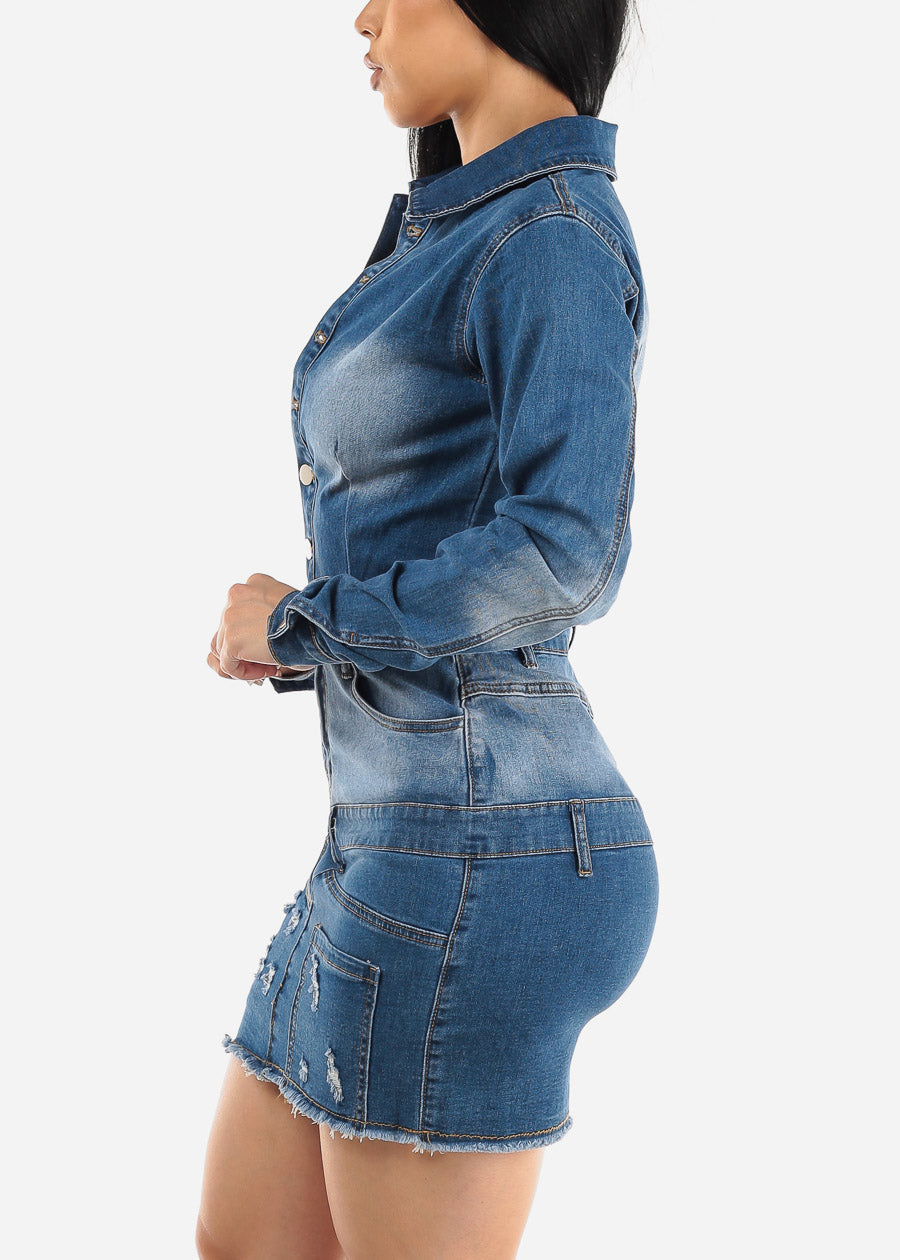 Long Sleeve Button Up Ripped Denim Mini Dress