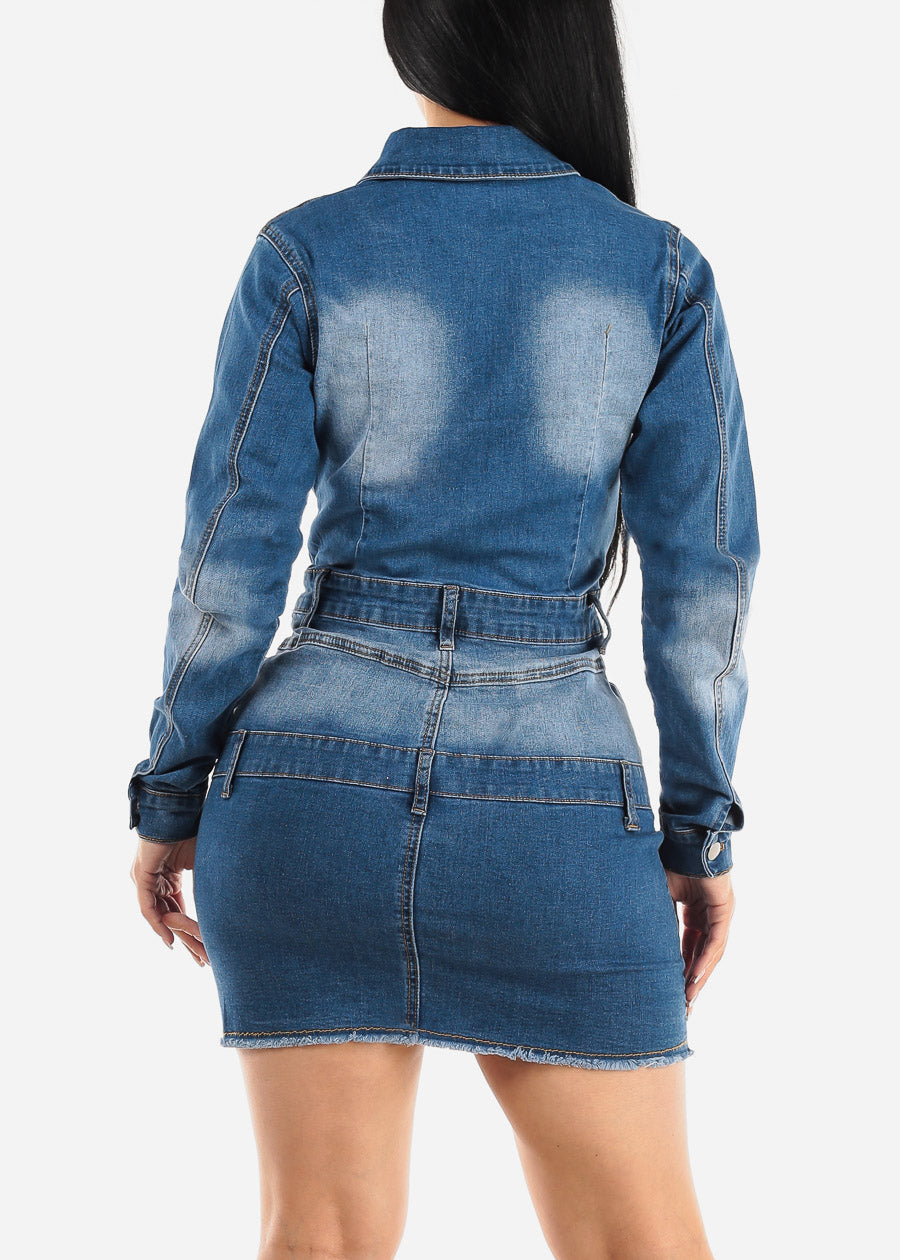 Long Sleeve Button Up Ripped Denim Mini Dress