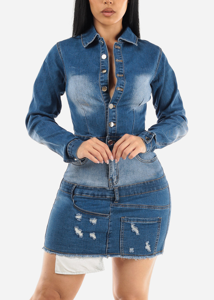 Long Sleeve Button Up Ripped Denim Mini Dress