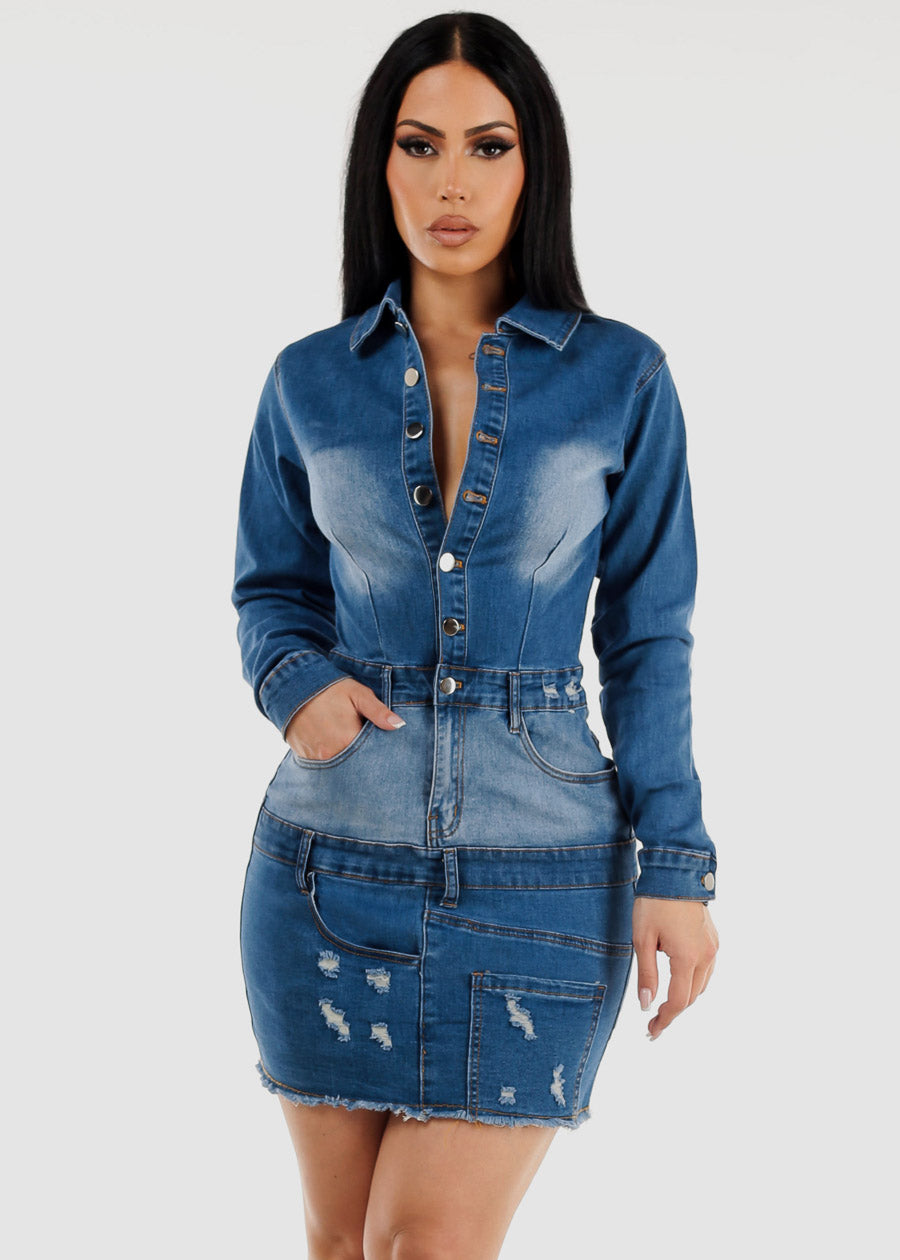 Long Sleeve Button Up Ripped Denim Mini Dress