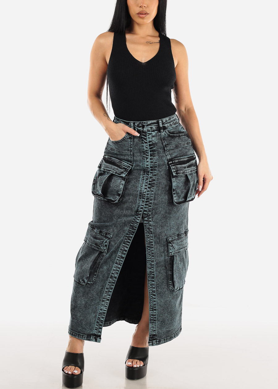 High Waist Cargo Denim Midi Skirt Acid Wash Blue