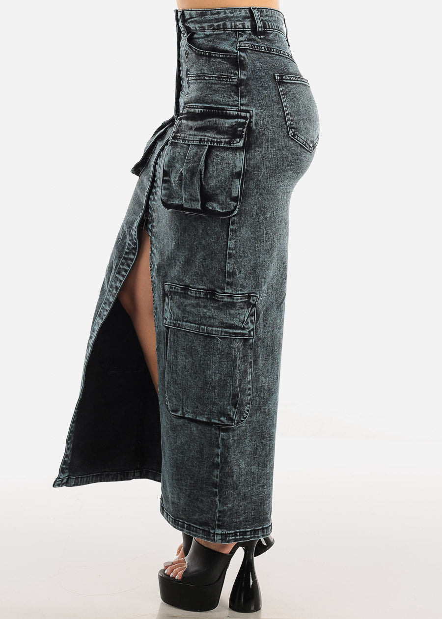 High Waist Cargo Denim Midi Skirt Acid Wash Blue