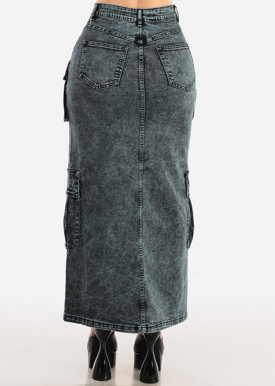 High Waist Cargo Denim Midi Skirt Acid Wash Blue