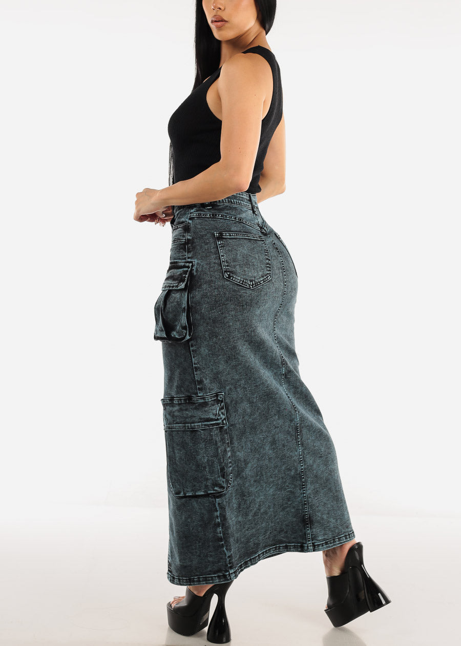 High Waist Cargo Denim Midi Skirt Acid Wash Blue