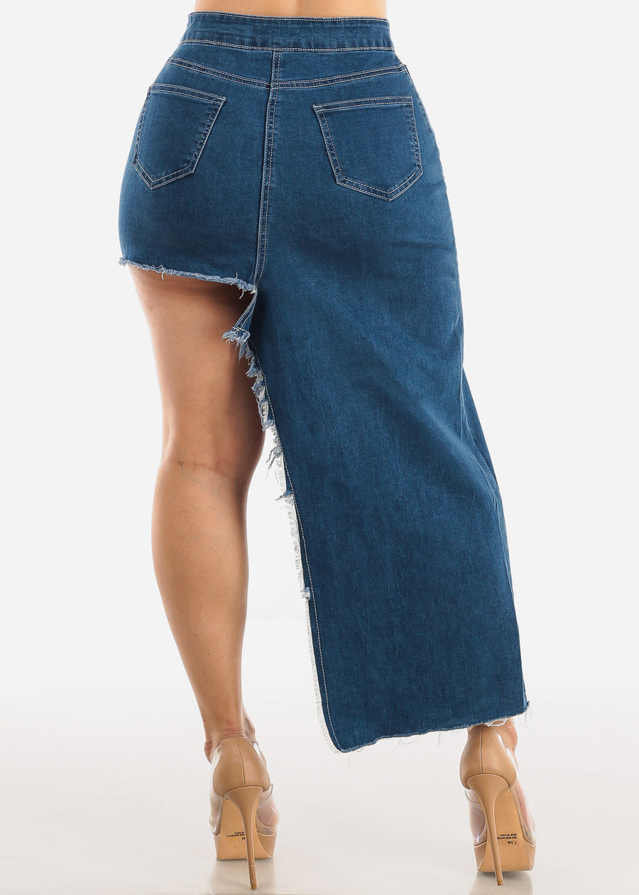 Asymmetrical Hem Denim Skirt Dark Blue