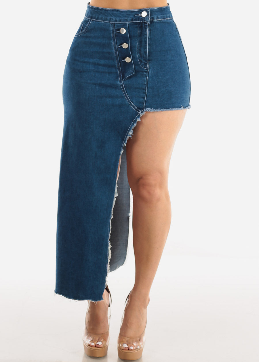 Asymmetrical Hem Denim Skirt Dark Blue