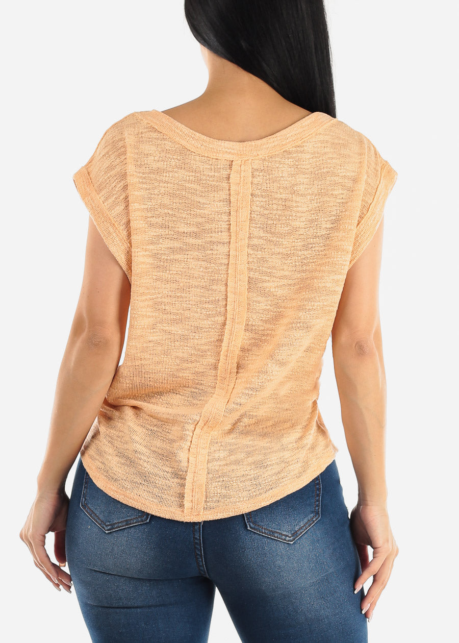 Short Sleeve Vneck Soft Knit Top Peach