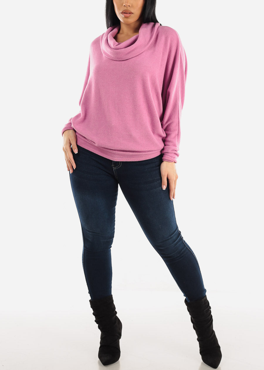 Long Dolman Sleeve Cowl Neck Pullover Pink