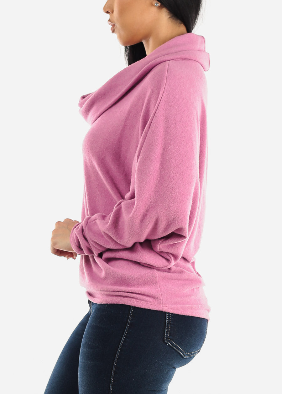 Long Dolman Sleeve Cowl Neck Pullover Pink