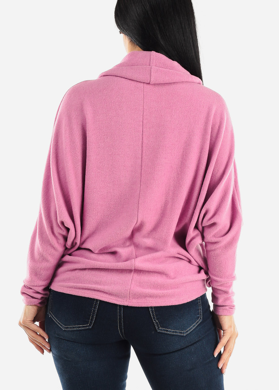 Long Dolman Sleeve Cowl Neck Pullover Pink