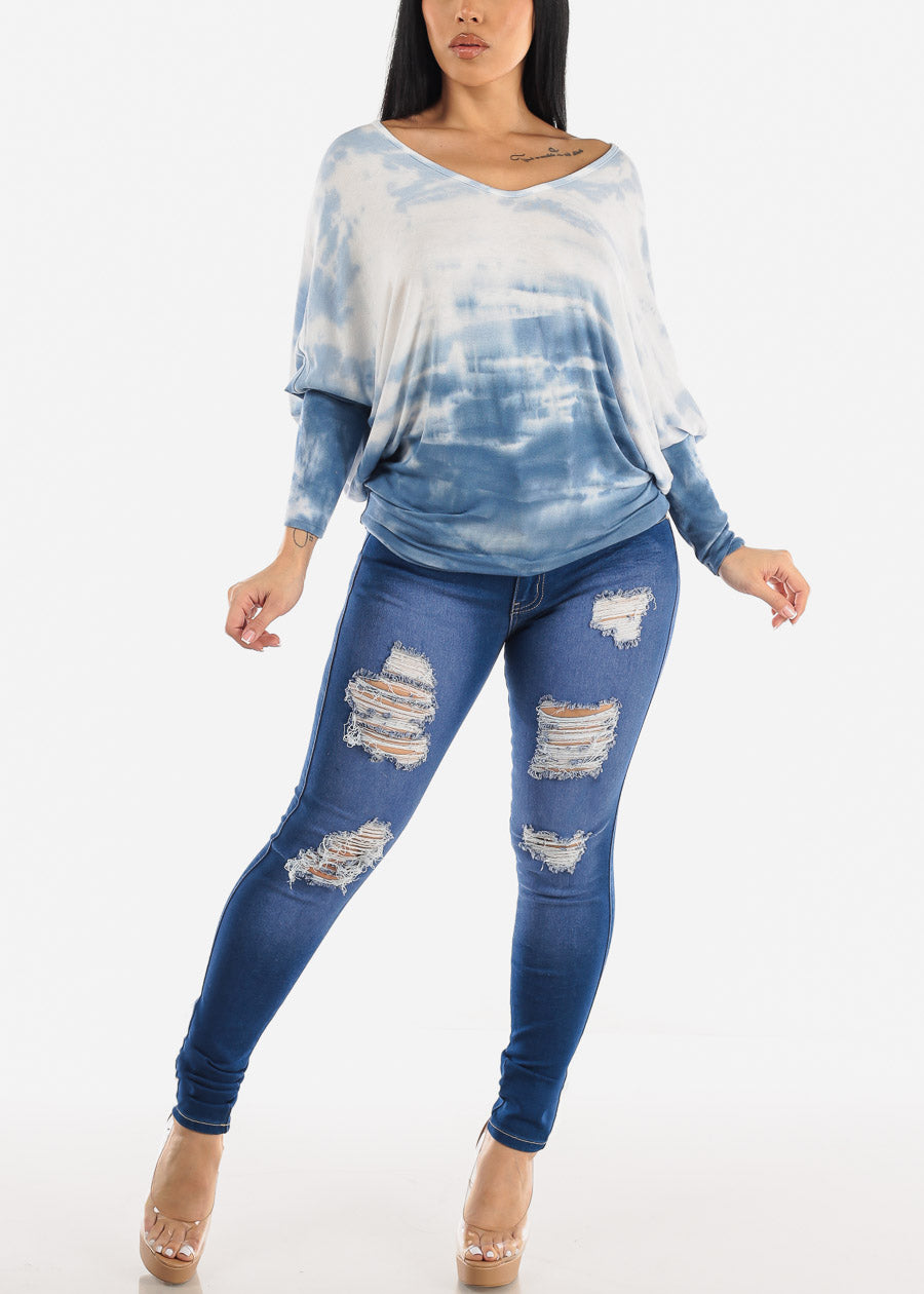 Tie Dye Long Sleeve Dolman Tunic Top Blue & White