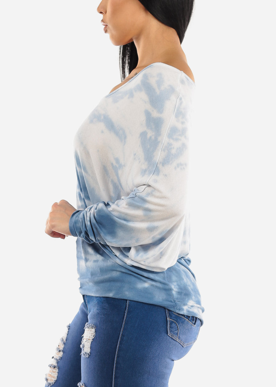 Tie Dye Long Sleeve Dolman Tunic Top Blue & White