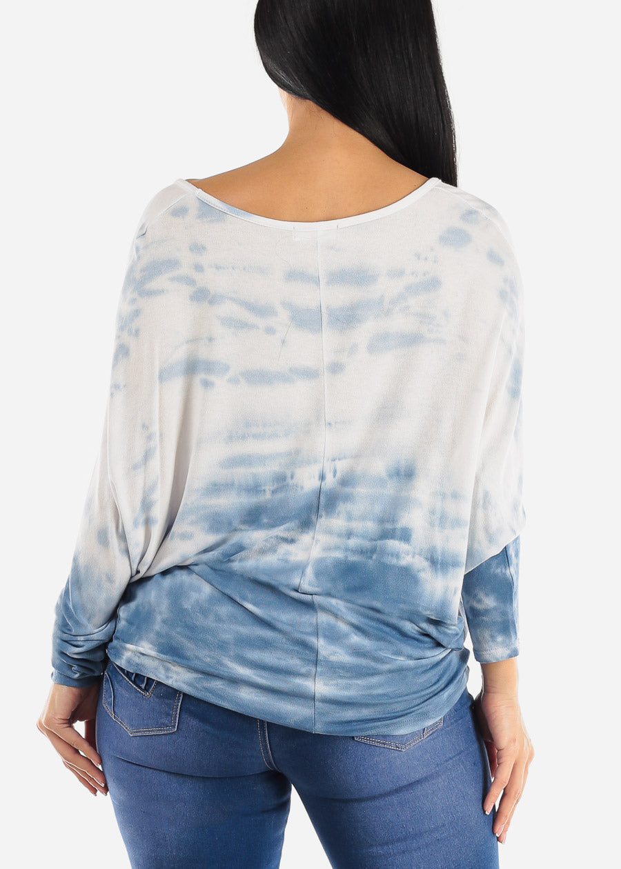 Tie Dye Long Sleeve Dolman Tunic Top Blue & White