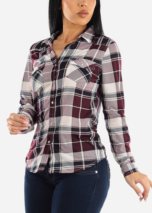 Long Sleeve Snap Button Plaid Shirt Ivory & Plum