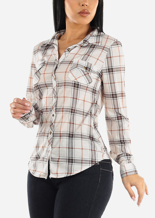 Long Sleeve Button Up Plaid Shirt Ivory & Khaki