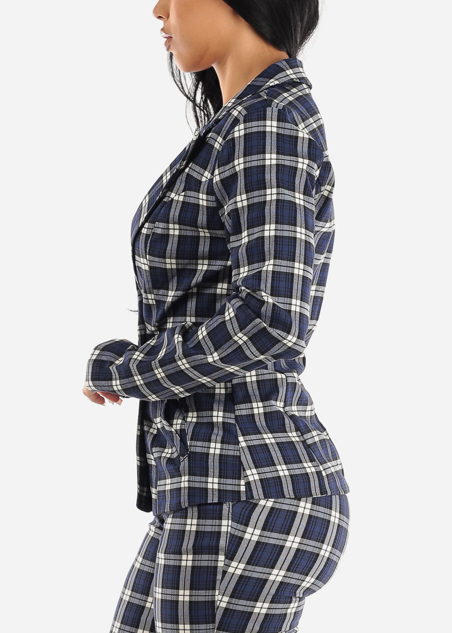 Formal Long Sleeve Plaid Blazer Navy