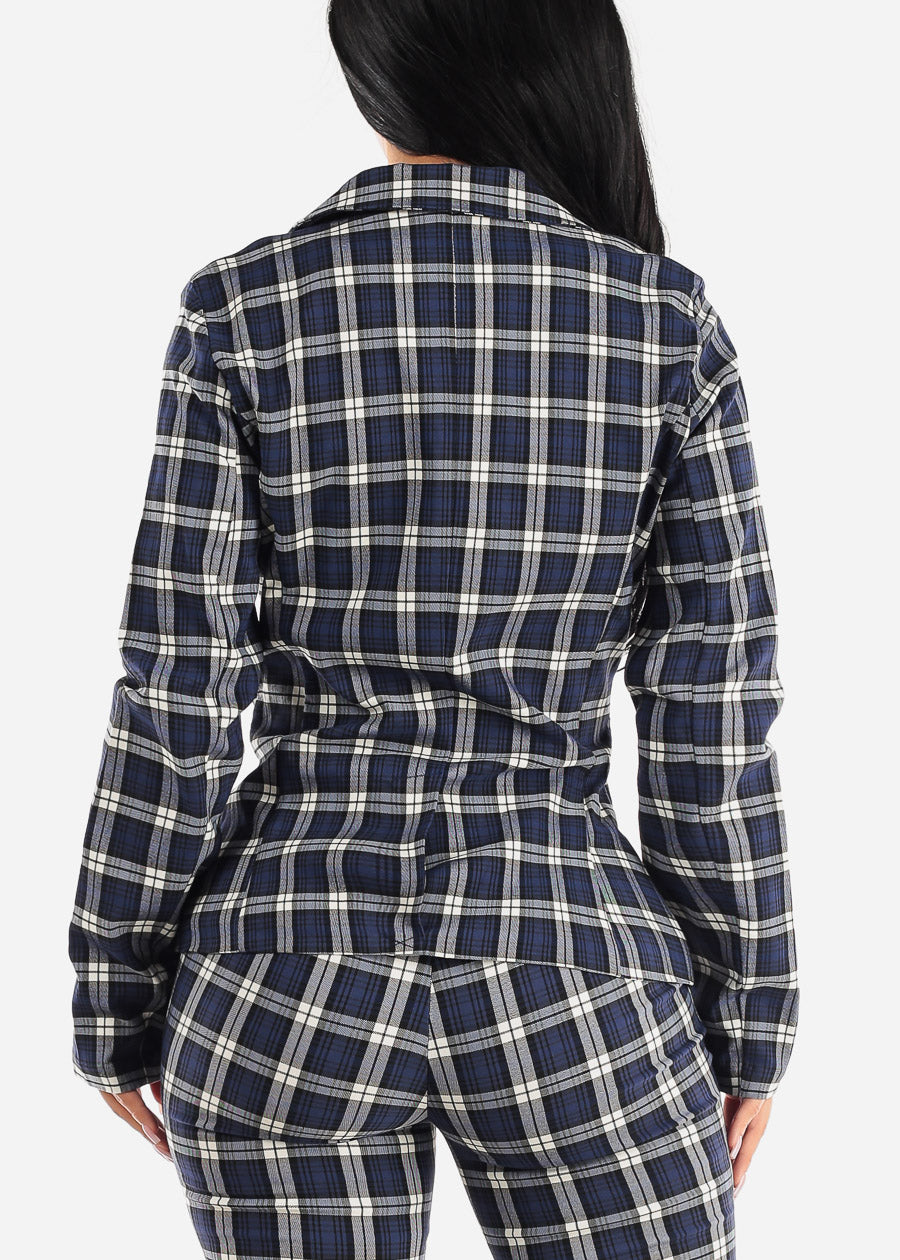 Formal Long Sleeve Plaid Blazer Navy